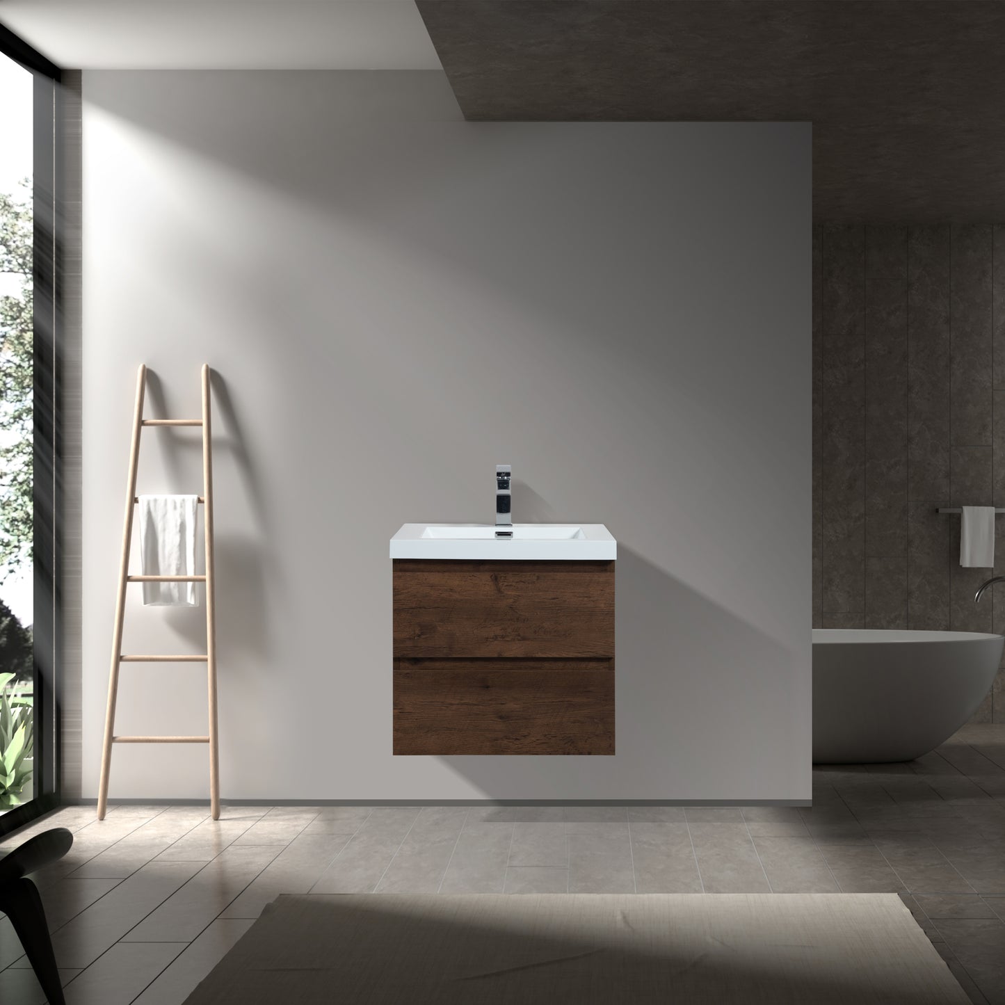 Newport Modern Design Rose Wood Bathroom Furniture Set with Cabinet and Basin