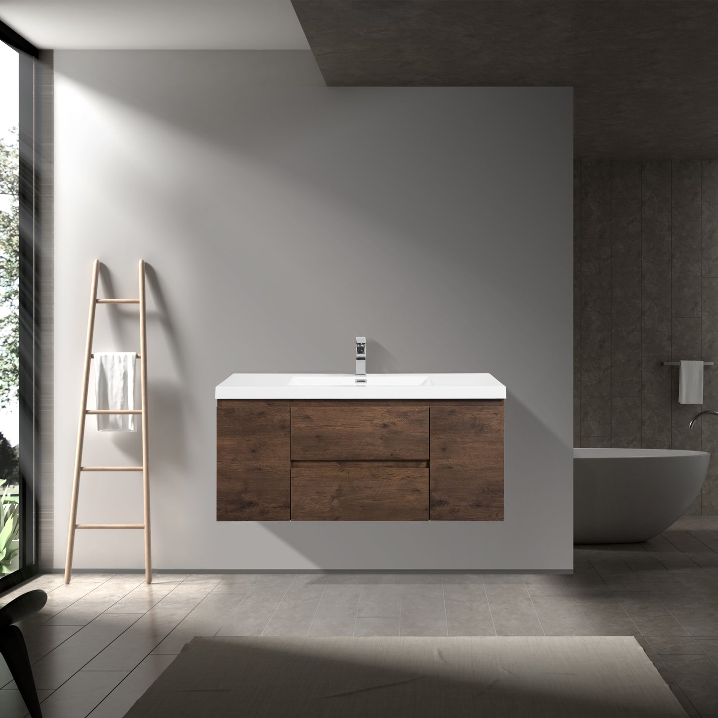 Newport Modern Design Rose Wood Bathroom Furniture Set with Cabinet and Basin