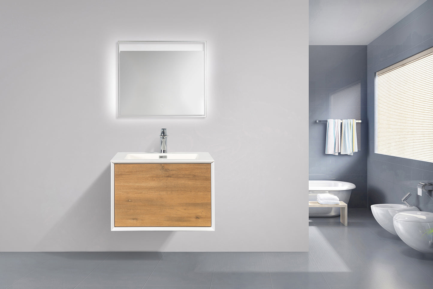 Weston Bathroom Vanity in Oak with White Cultured Marble Top