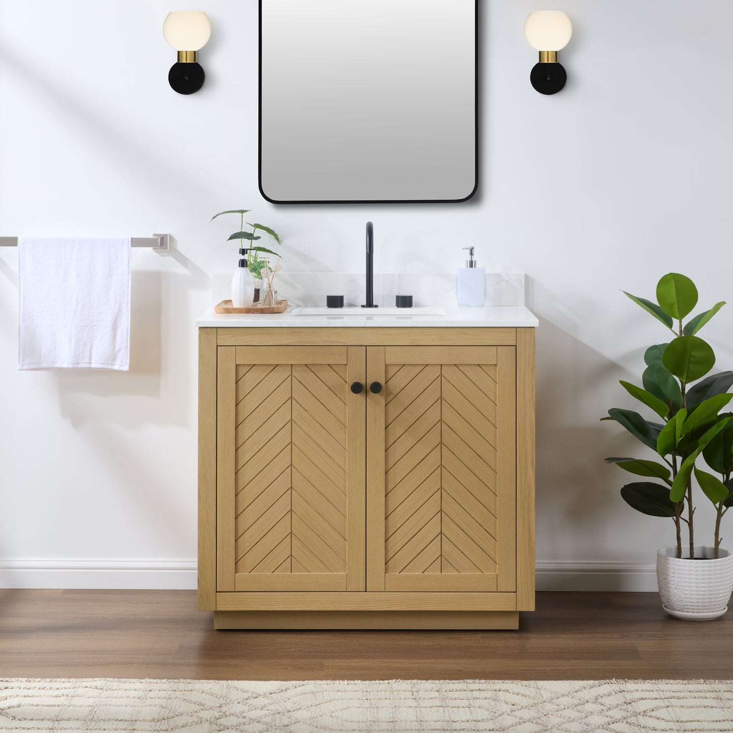 Charlotte Freestanding Bathroom Vanity in Nature Oak with Engineered Stone Countertop