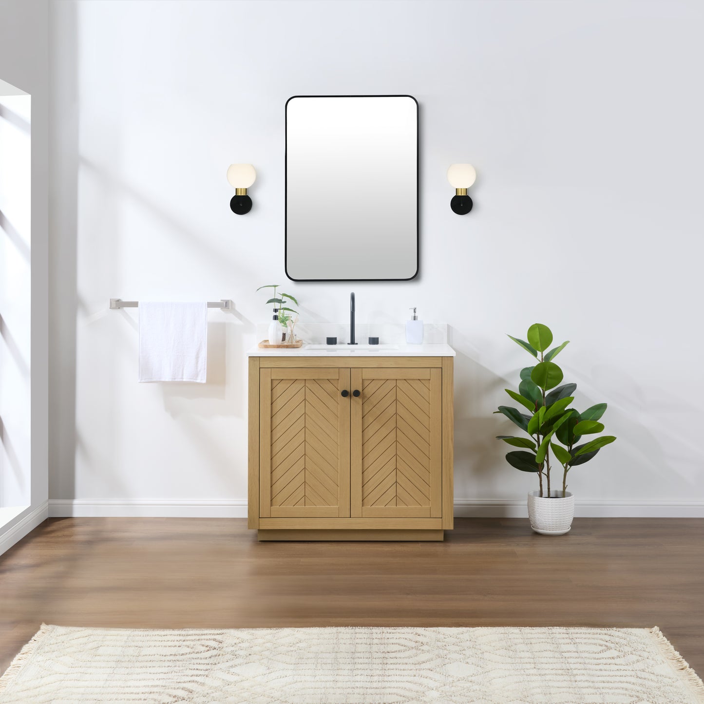 Charlotte Freestanding Bathroom Vanity in Nature Oak with Engineered Stone Countertop