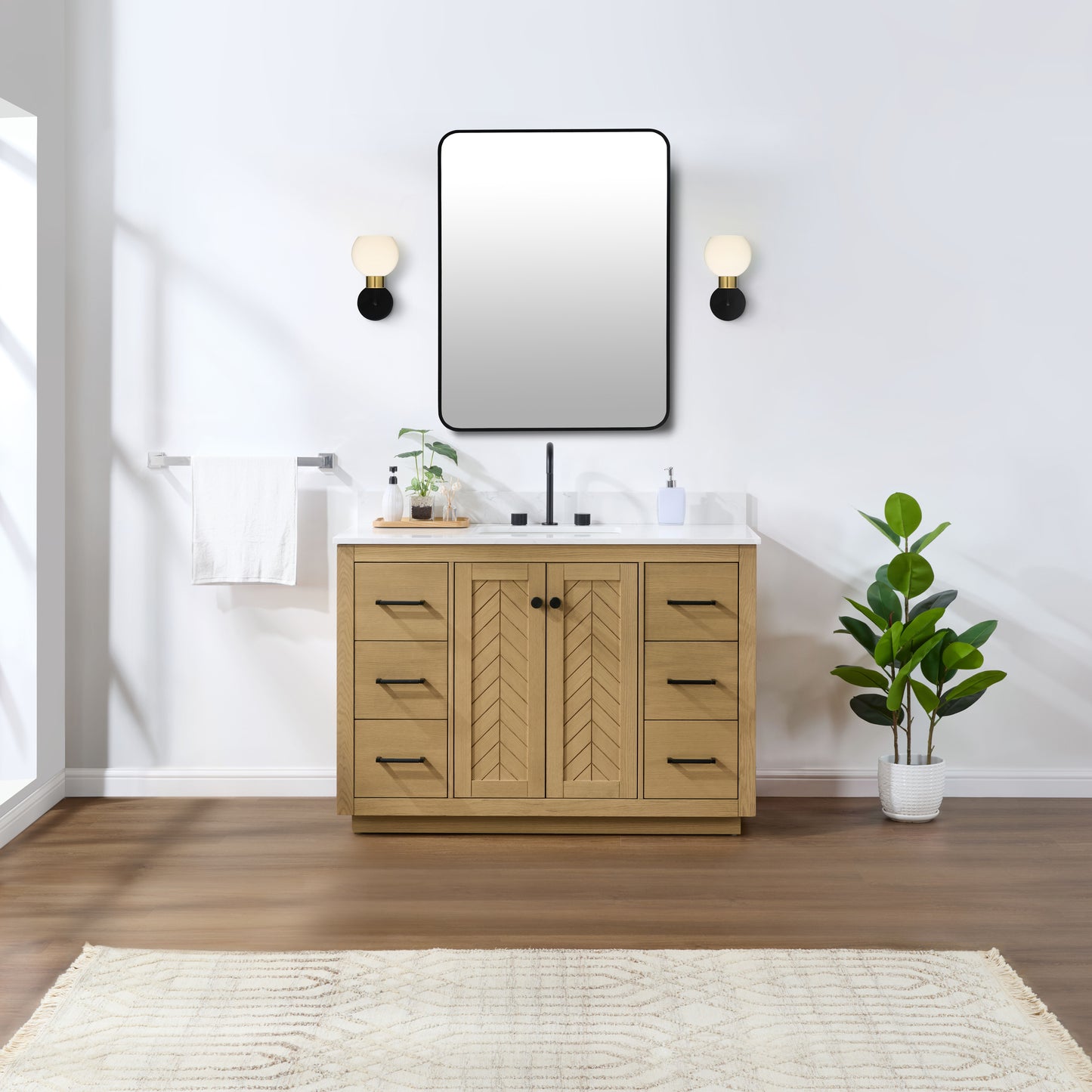 Charlotte Freestanding Bathroom Vanity in Nature Oak with Engineered Stone Countertop