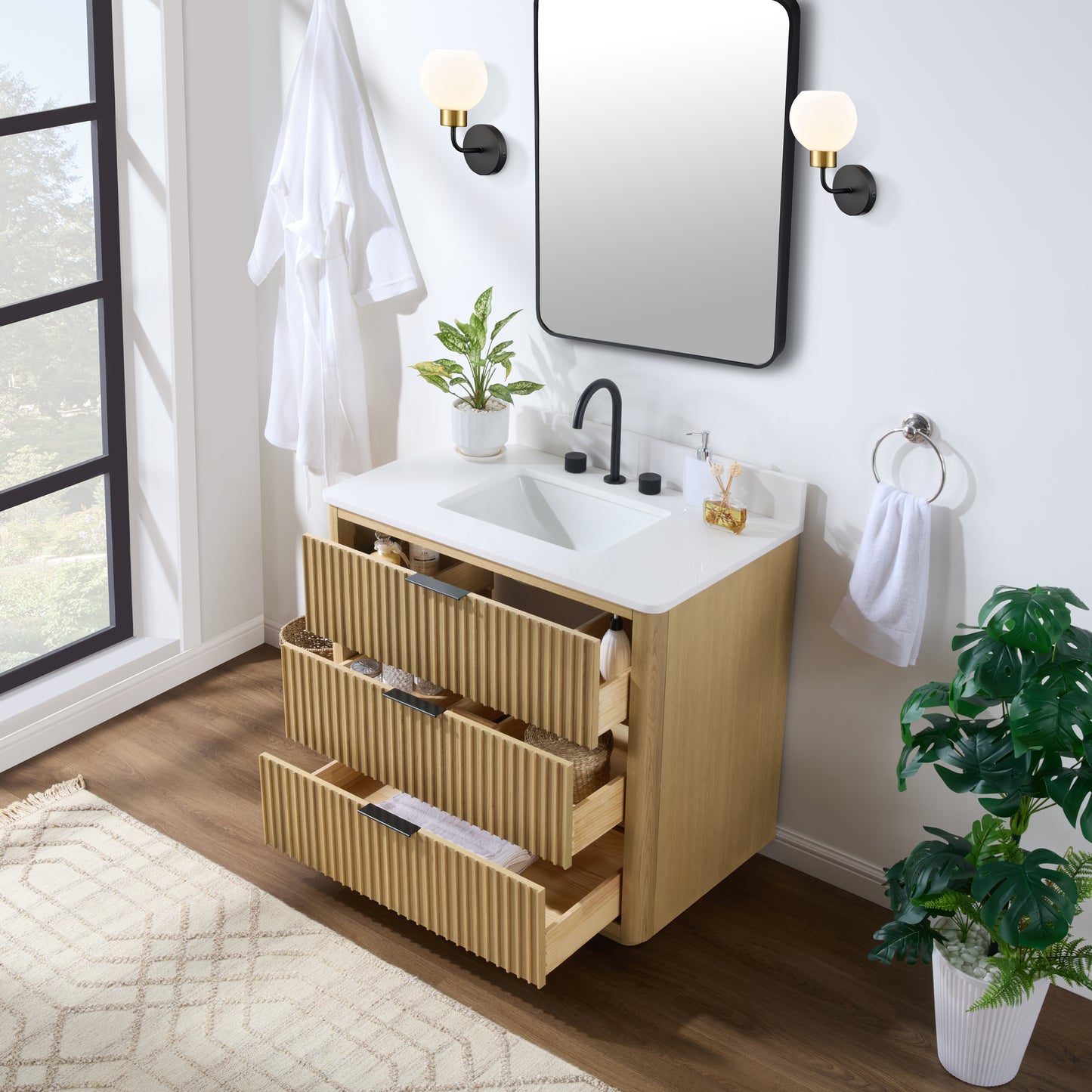 Evelyn Freestanding Bathroom Vanity in Nature Oak with Quartz Countertop