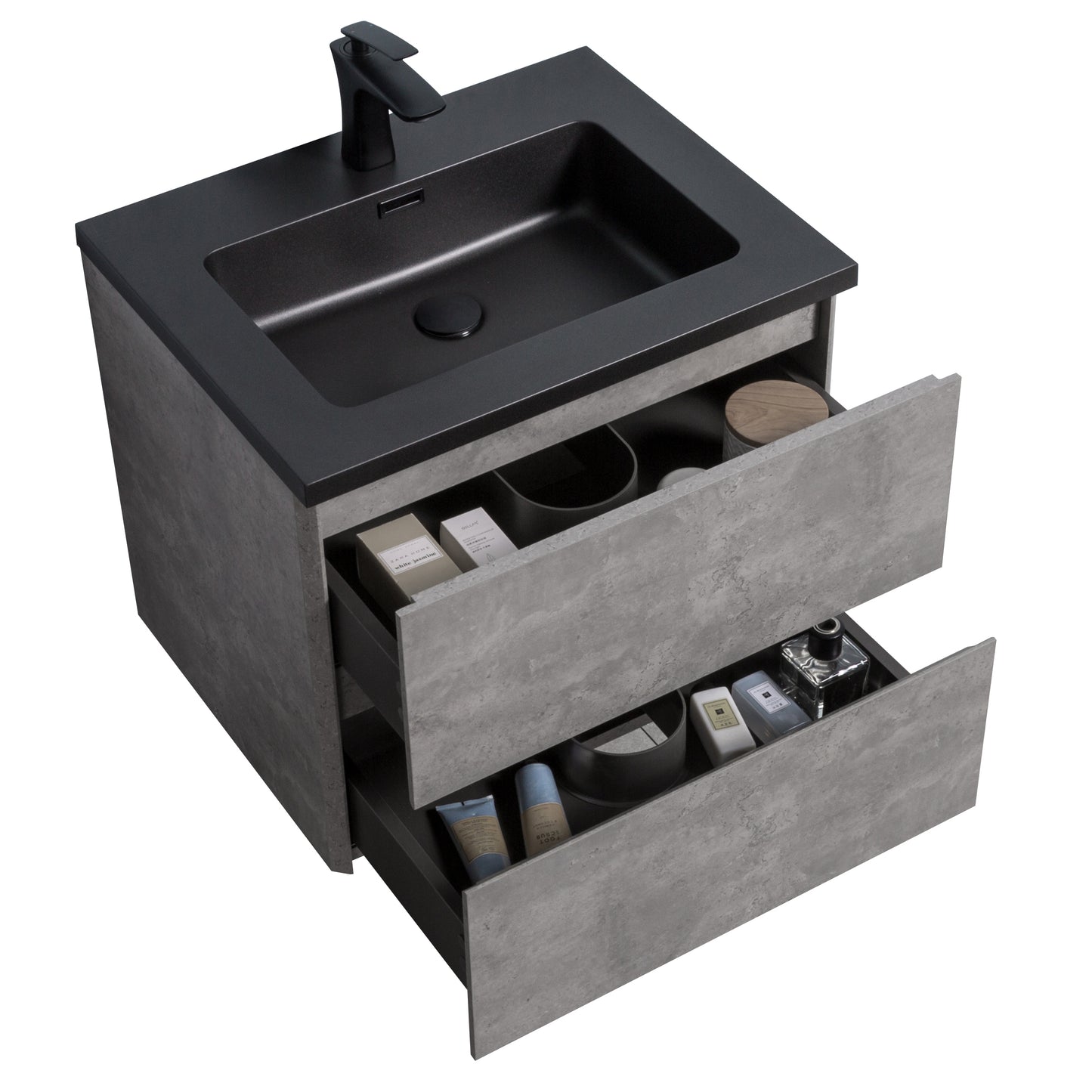 Bridgeport Wall Mounted Vanity Set with Oversized Storage Cabinet and Black Integrated Basin