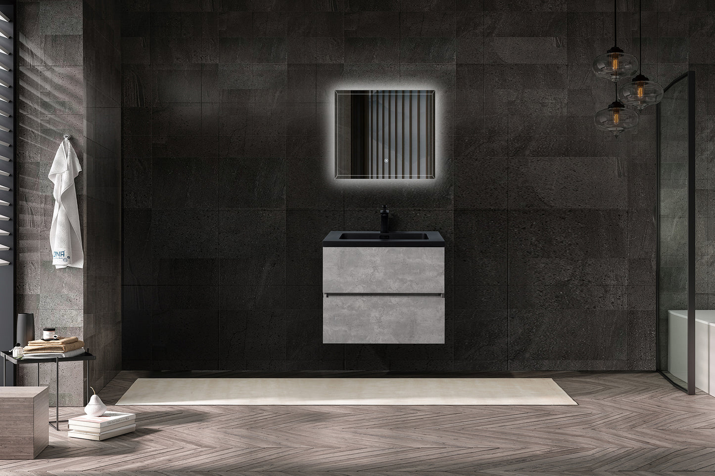 Bridgeport Wall Mounted Vanity Set with Oversized Storage Cabinet and Black Integrated Basin