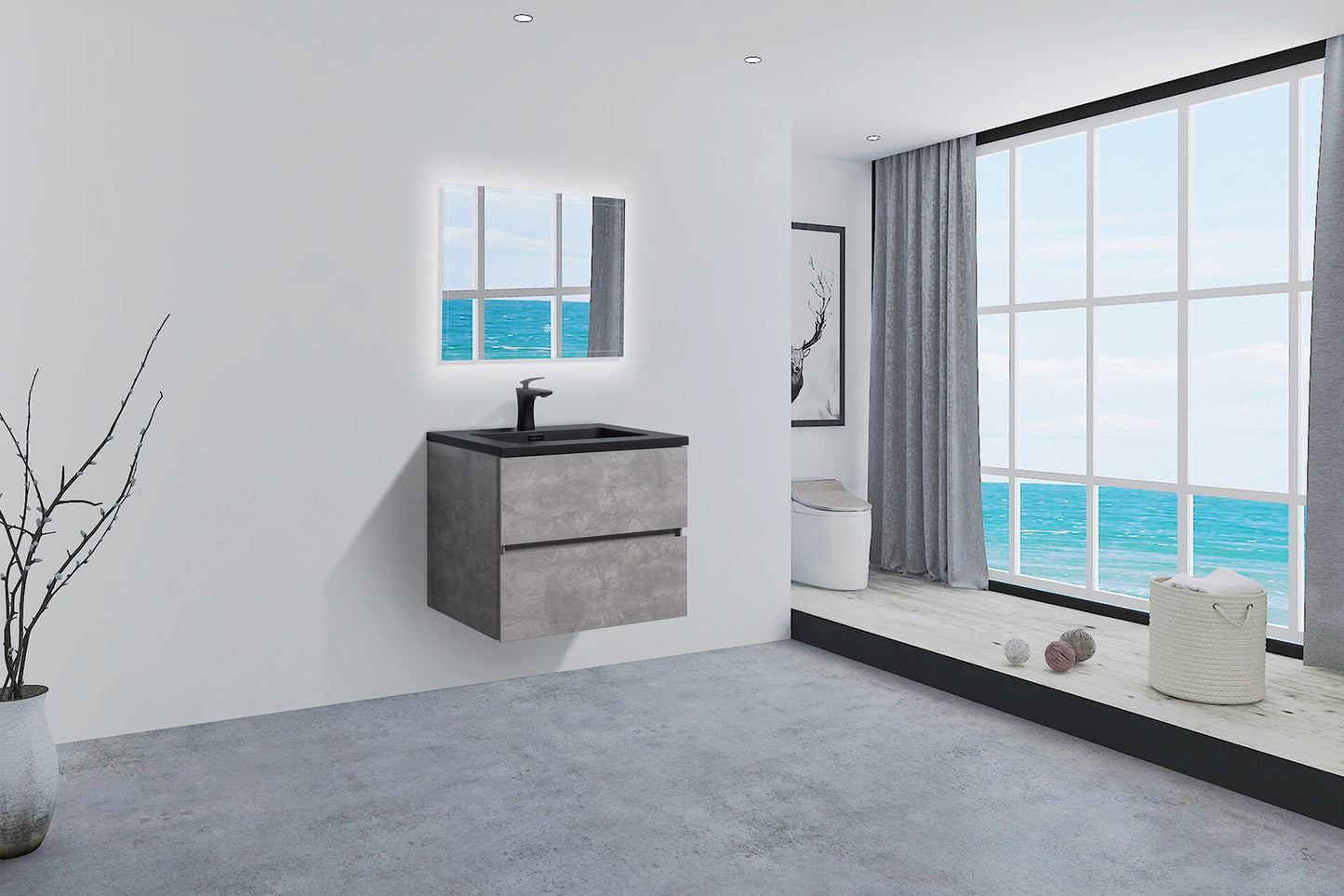 Bridgeport Wall Mounted Vanity Set with Oversized Storage Cabinet and Black Integrated Basin