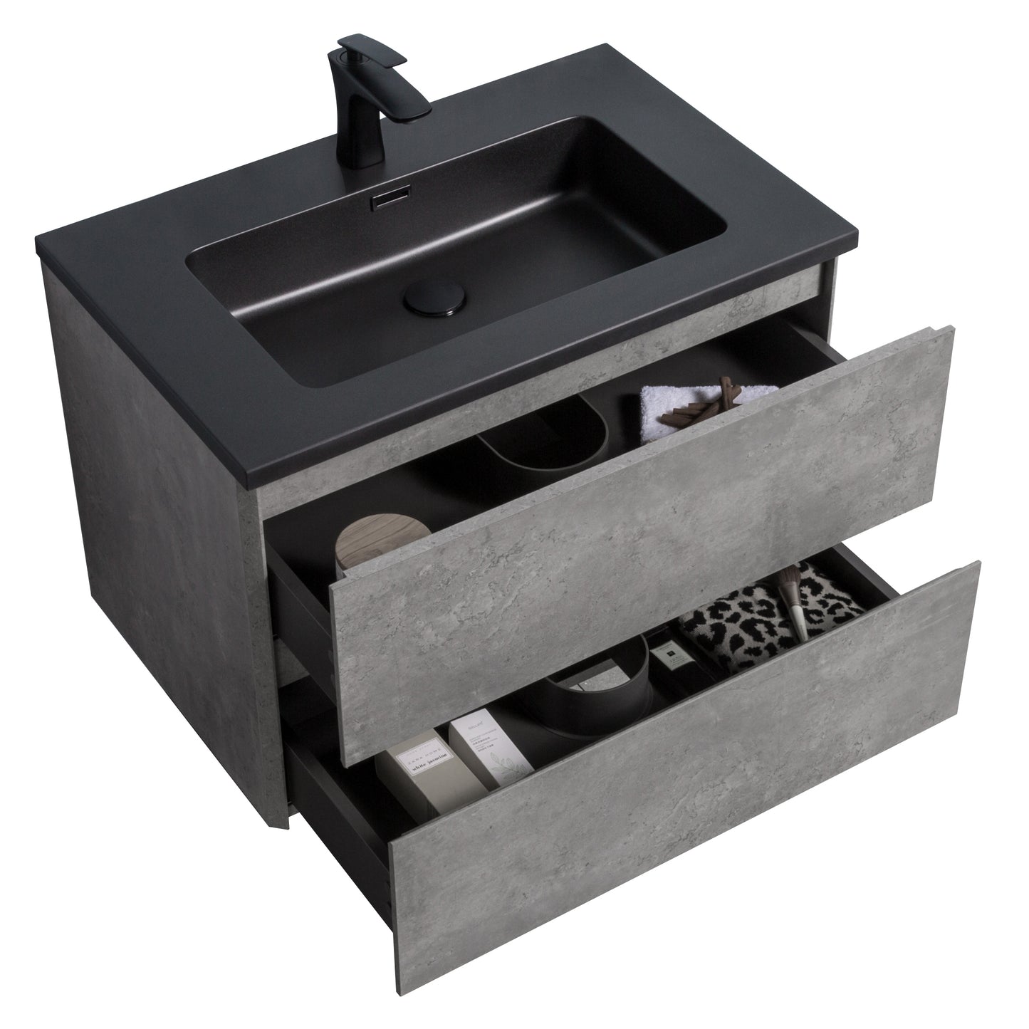 Bridgeport Wall Mounted Vanity Set with Oversized Storage Cabinet and Black Integrated Basin