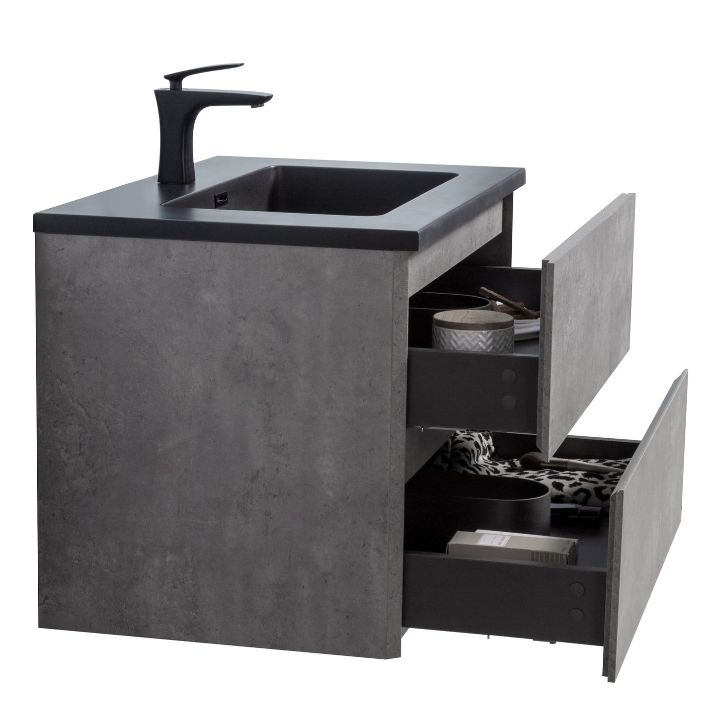 Bridgeport Wall Mounted Vanity Set with Oversized Storage Cabinet and Black Integrated Basin