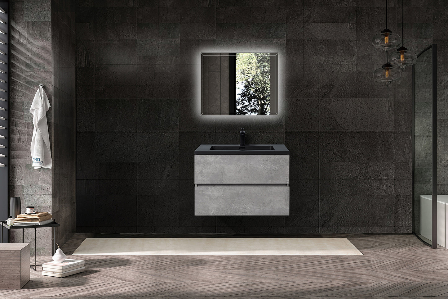 Bridgeport Wall Mounted Vanity Set with Oversized Storage Cabinet and Black Integrated Basin