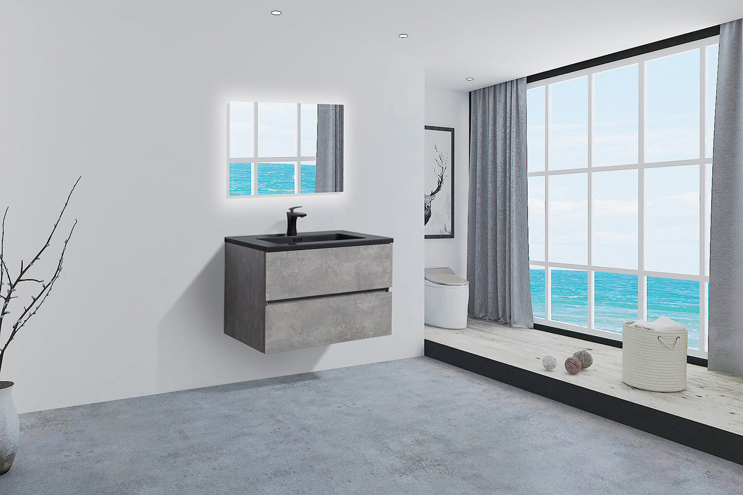 Bridgeport Wall Mounted Vanity Set with Oversized Storage Cabinet and Black Integrated Basin