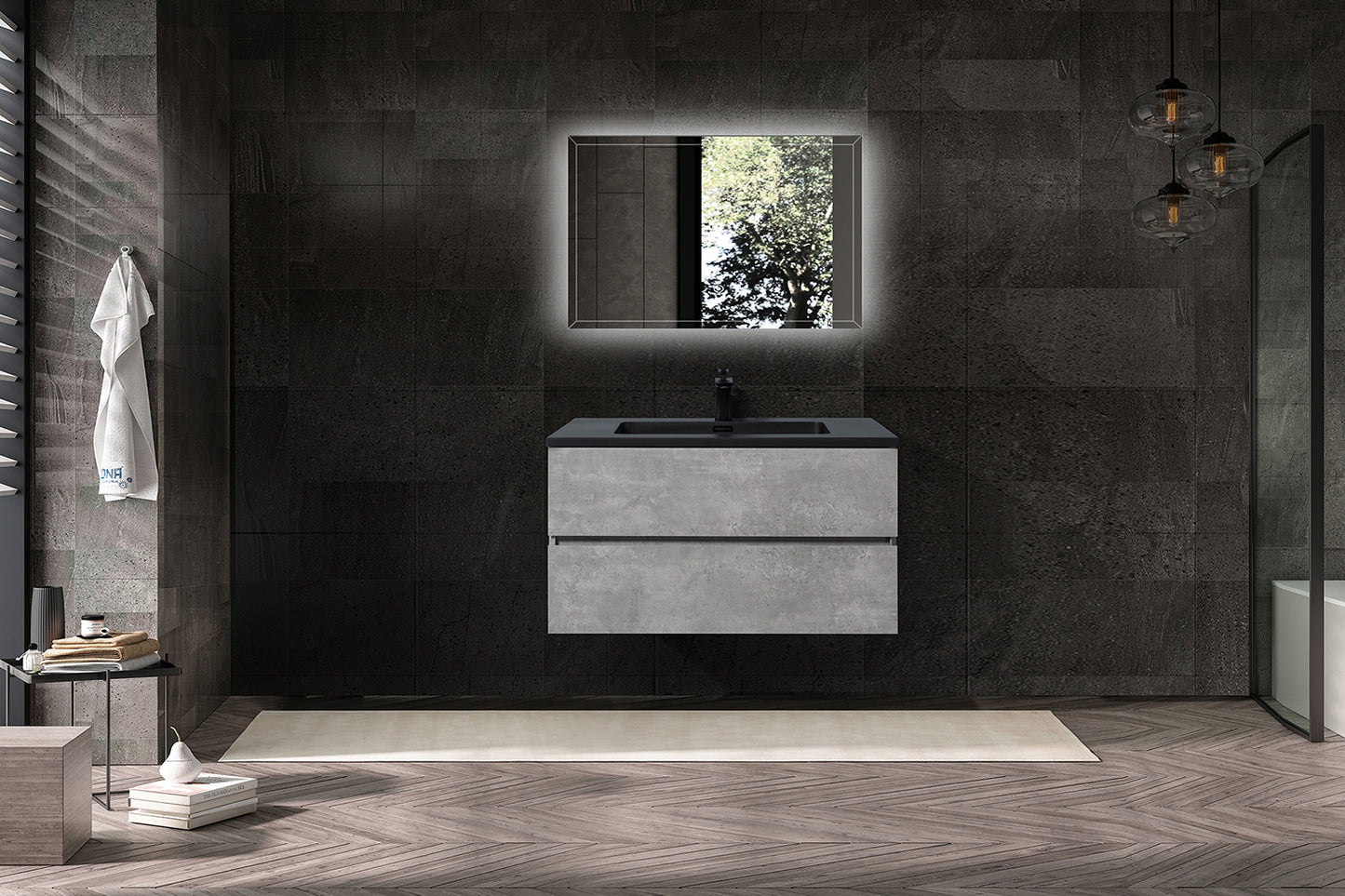 Bridgeport Wall Mounted Vanity Set with Oversized Storage Cabinet and Black Integrated Basin