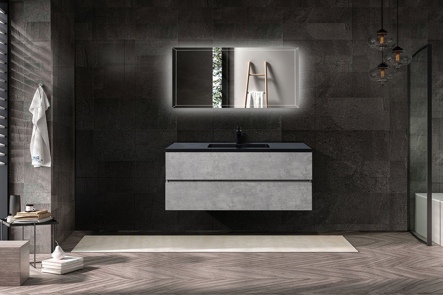 Bridgeport Wall Mounted Vanity Set with Oversized Storage Cabinet and Black Integrated Basin