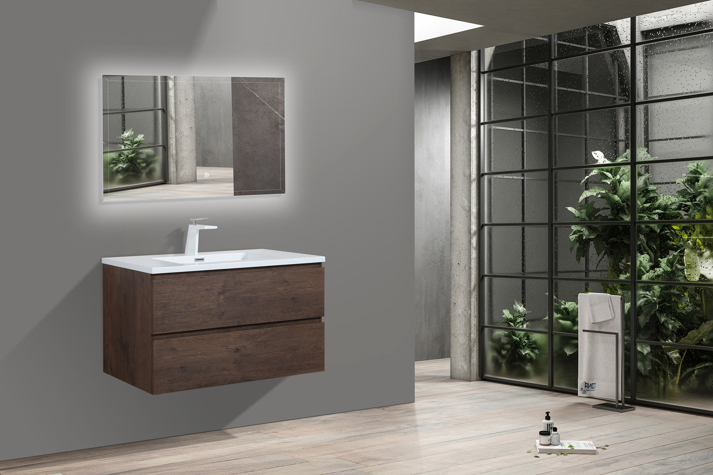 Newport Modern Design Rose Wood Bathroom Furniture Set with Cabinet and Basin