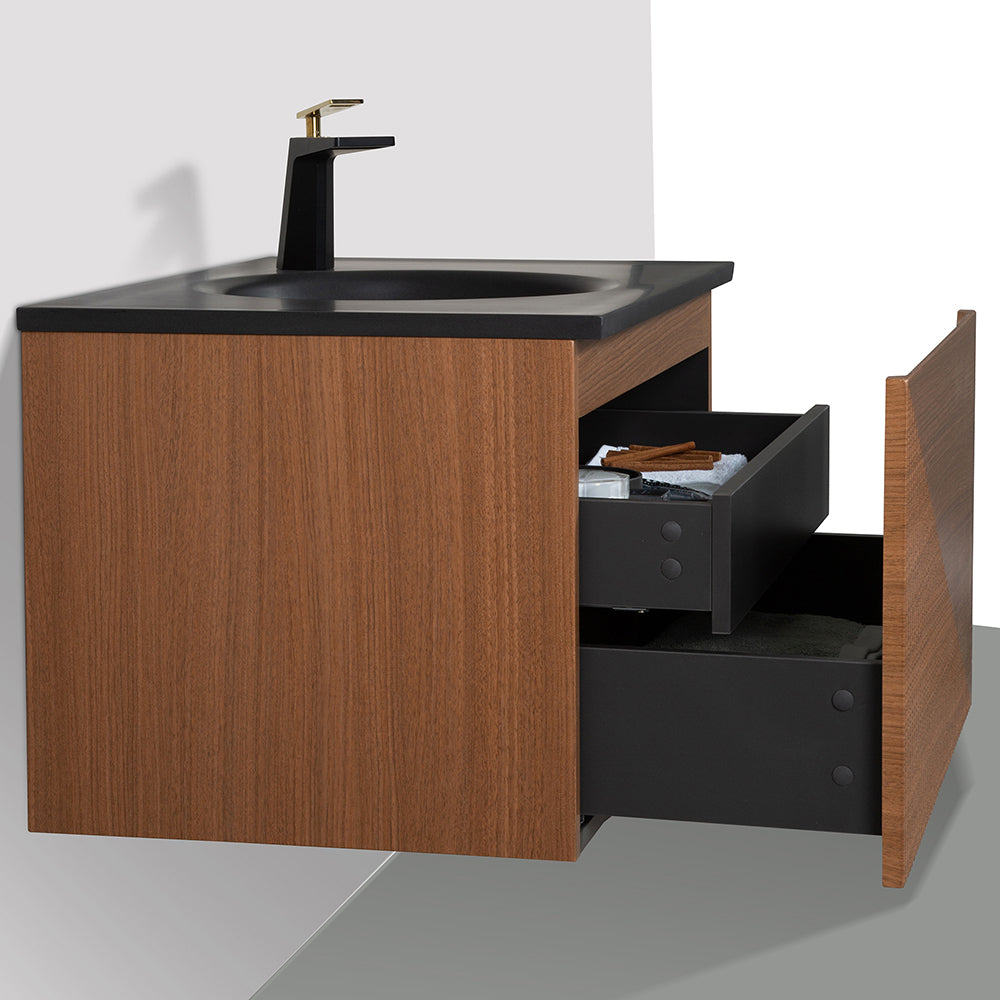 Sebastian Contemporary Wall Hung Bathroom Vanity Set with Black Quartz Sand Integrated Single Sink