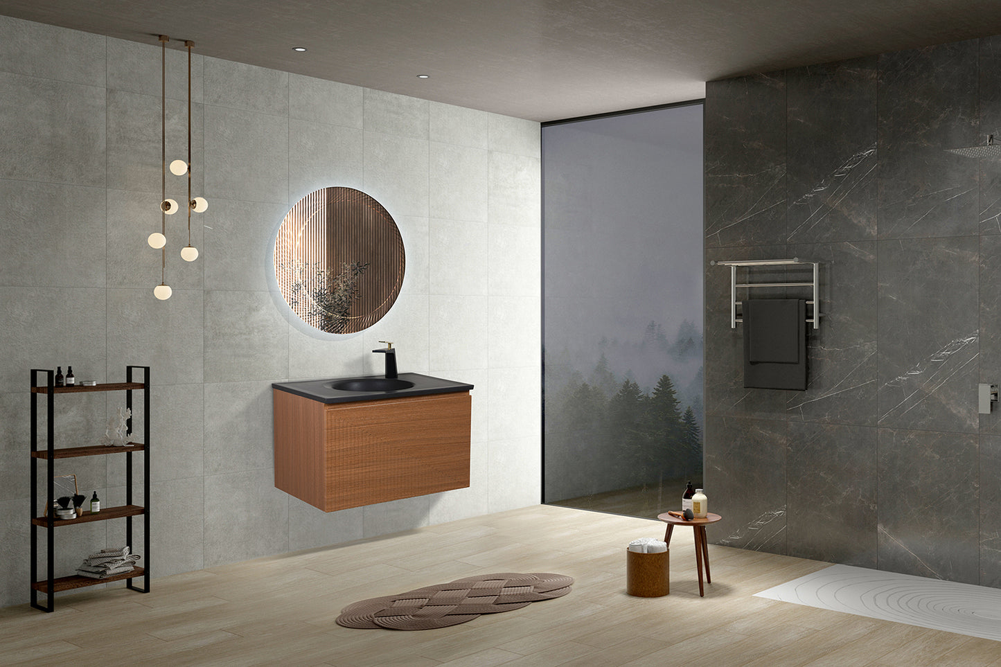 Sebastian Contemporary Wall Hung Bathroom Vanity Set with Black Quartz Sand Integrated Single Sink