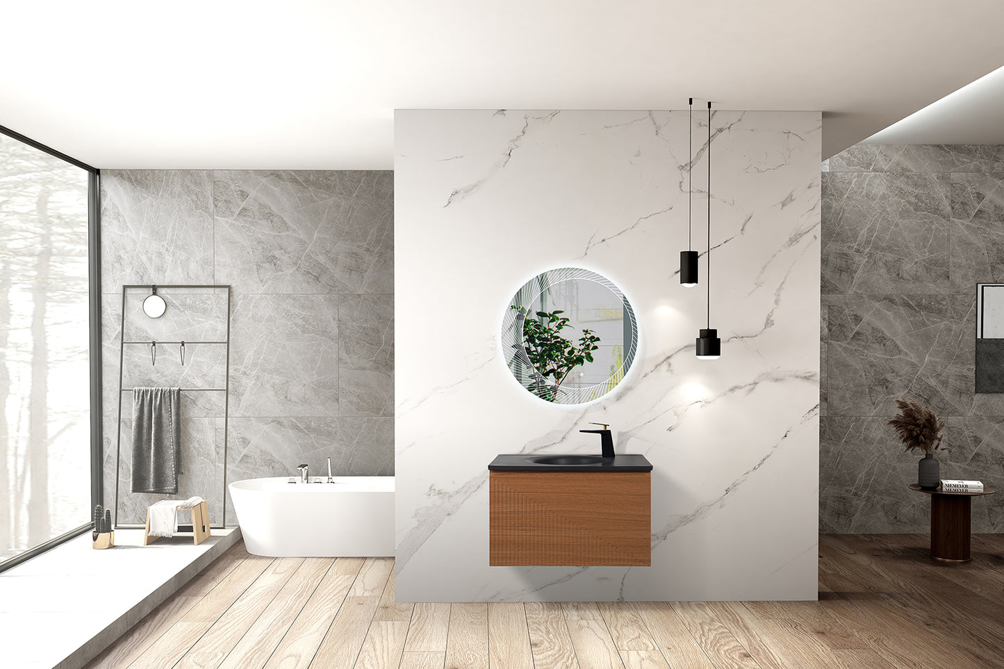 Sebastian Contemporary Wall Hung Bathroom Vanity Set with Black Quartz Sand Integrated Single Sink